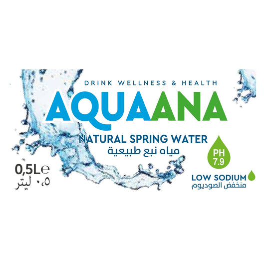 AQUAANA 500mlボトルのラベル(DRINK WELLNESS & HEALTH・NATURAL SPRING WATER・PH 7.9・LOW SODIUM)