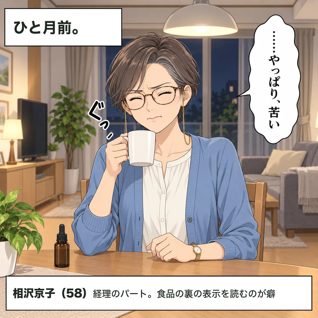 ひと月前の夜。京子が無地の小瓶から水に垂らして飲み、やっぱり苦いと顔をしかめる。テロップ「相沢京子(58)経理のパート。食品の裏の表示を読むのが癖」