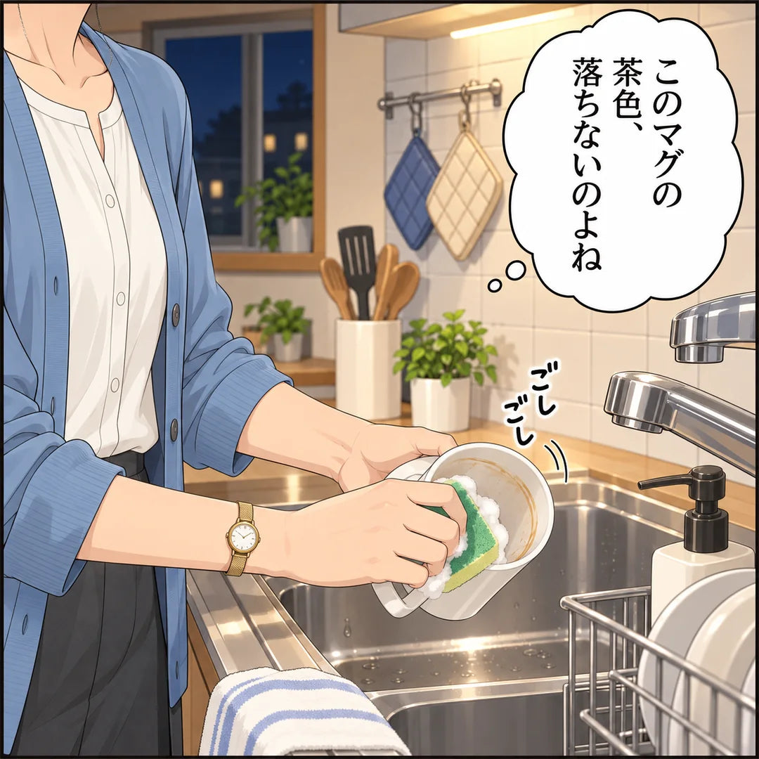 シンクで、茶色い輪が残ったマグをこする。「このマグの茶色、落ちないのよね」