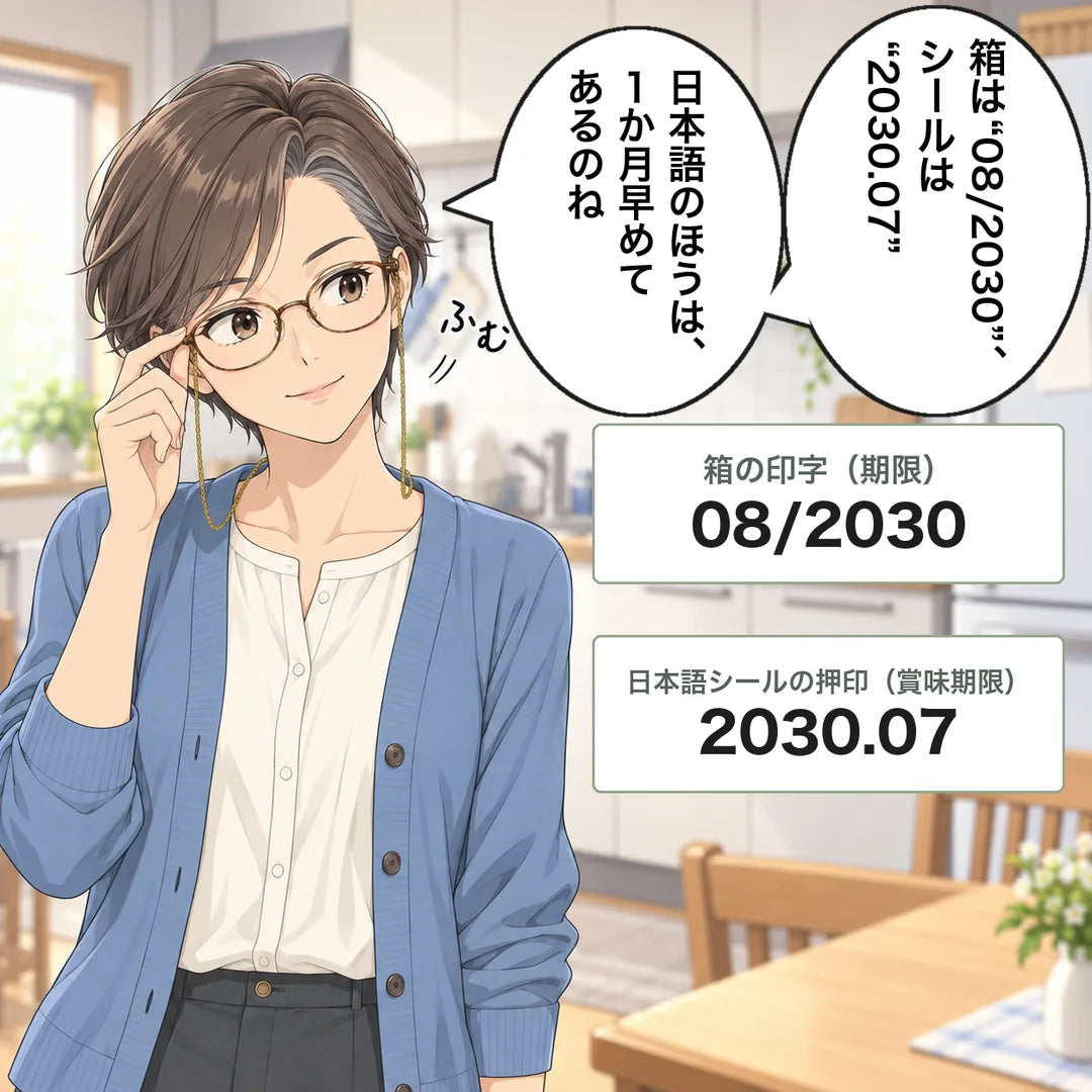 箱の印字は08/2030、日本語シールは2030.07。日本語のほうは1か月早めてあると京子が読み解く