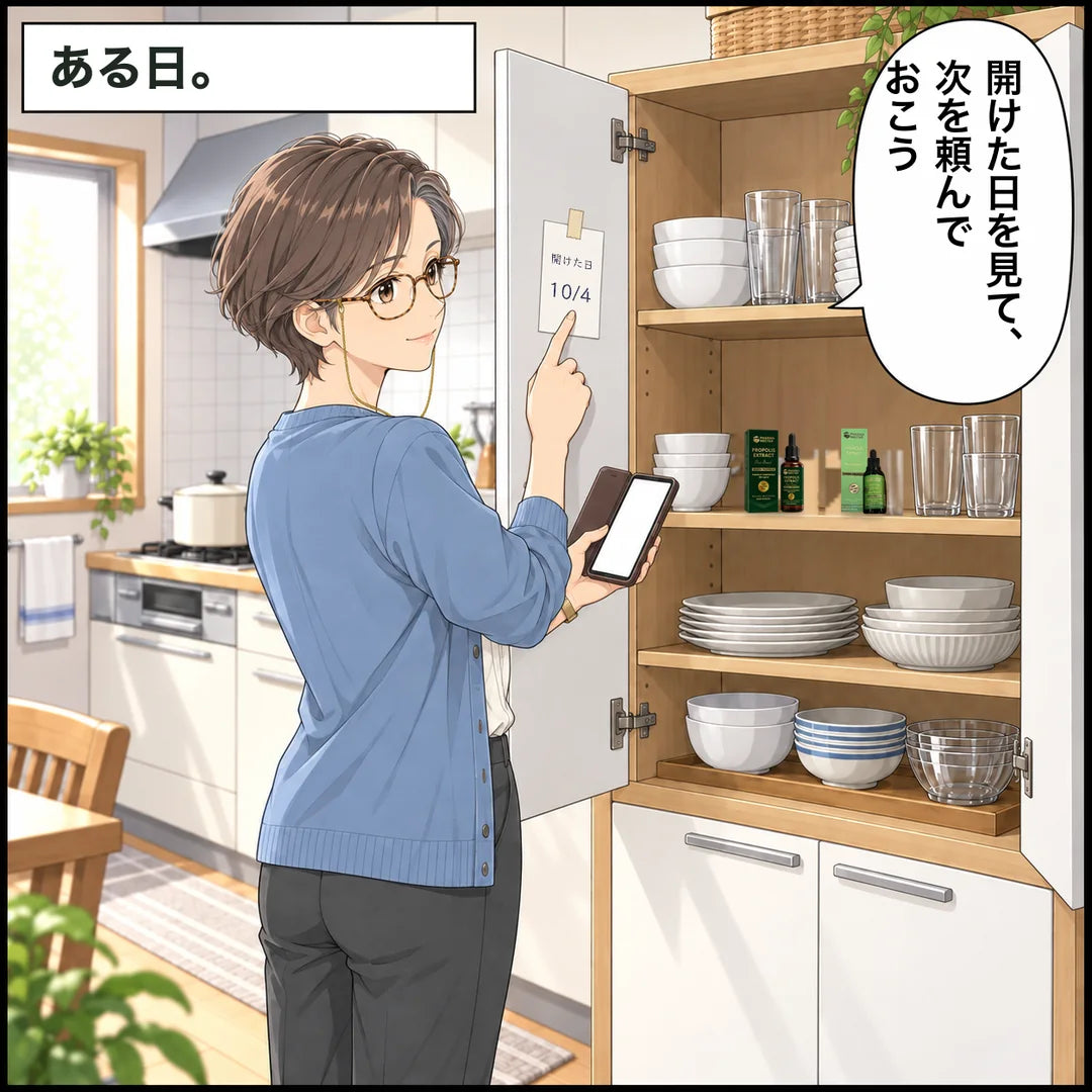 ある日、棚に並ぶ2つのコップと2つの箱。京子が開けた日を見て、次を頼んでおこうと思う