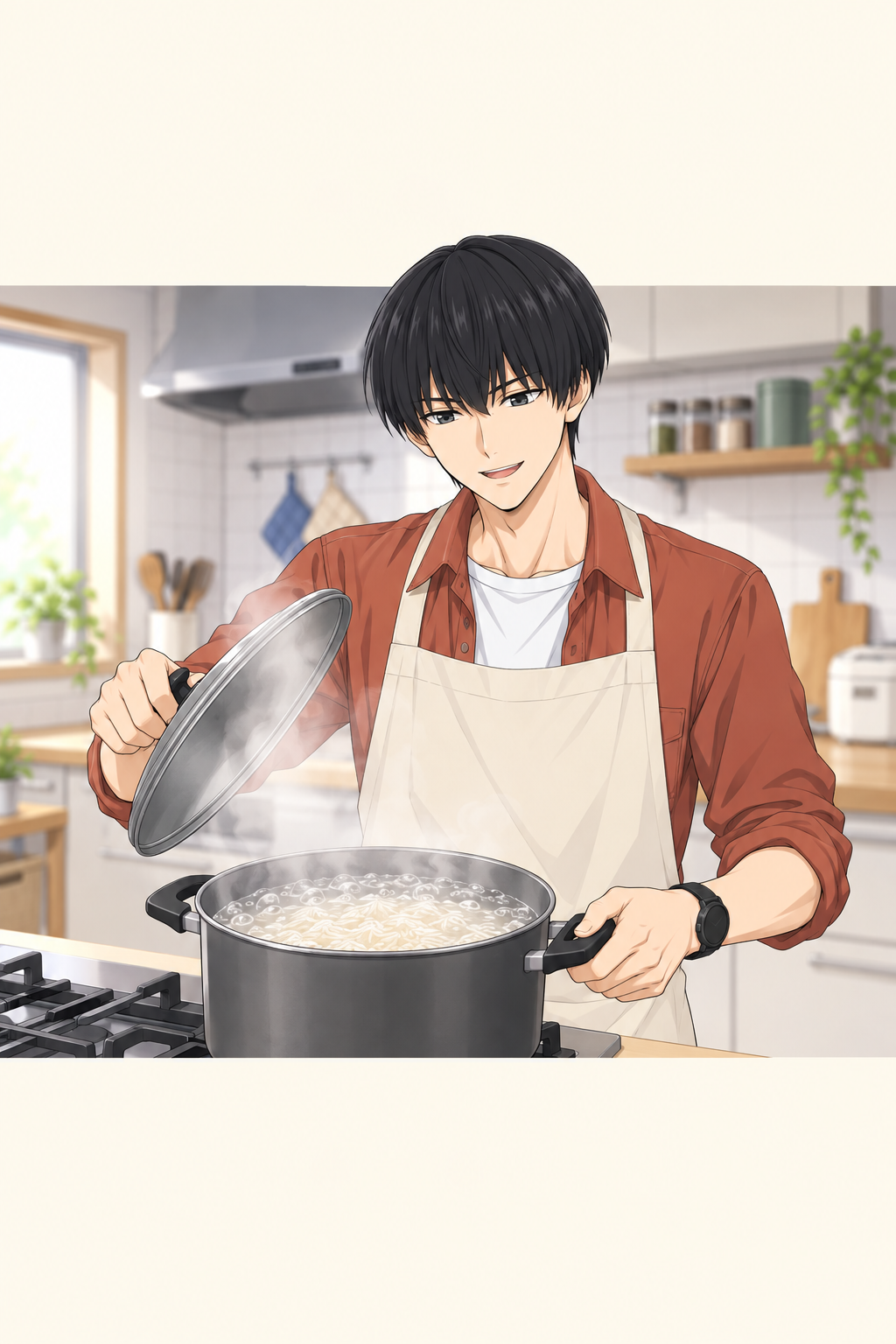 バスマティライスを鍋で茹でる場面のイラスト