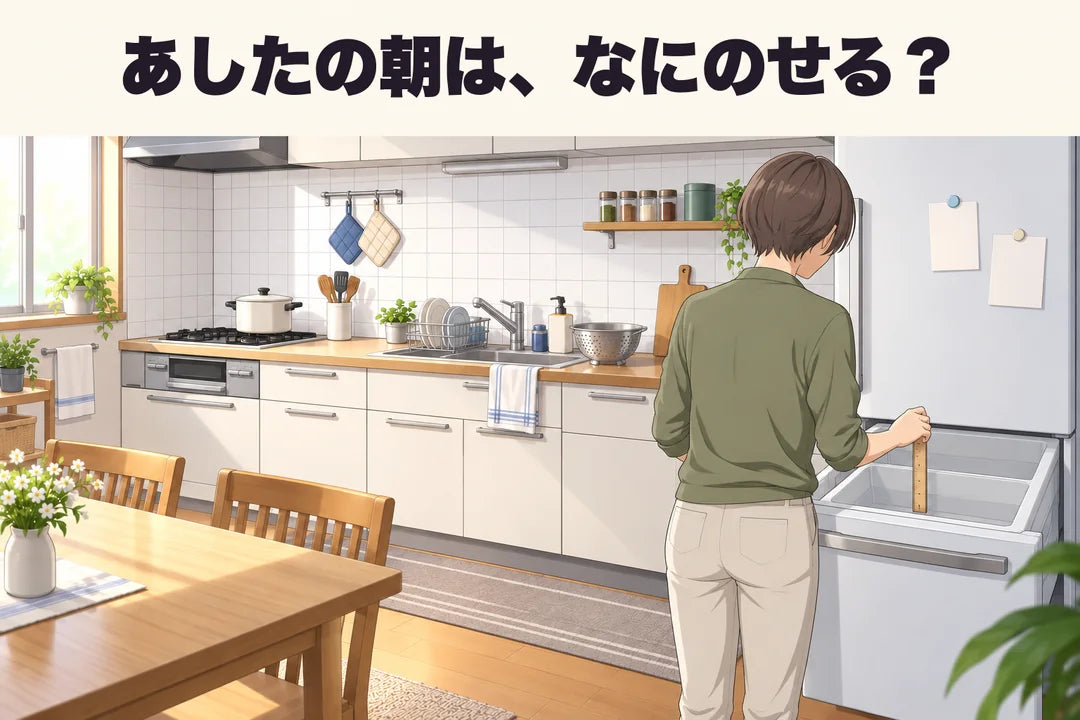 後ろ姿の人が、冷蔵庫の引き出し式冷凍室を開けて、引き出しの内側の縁に定規を当てている