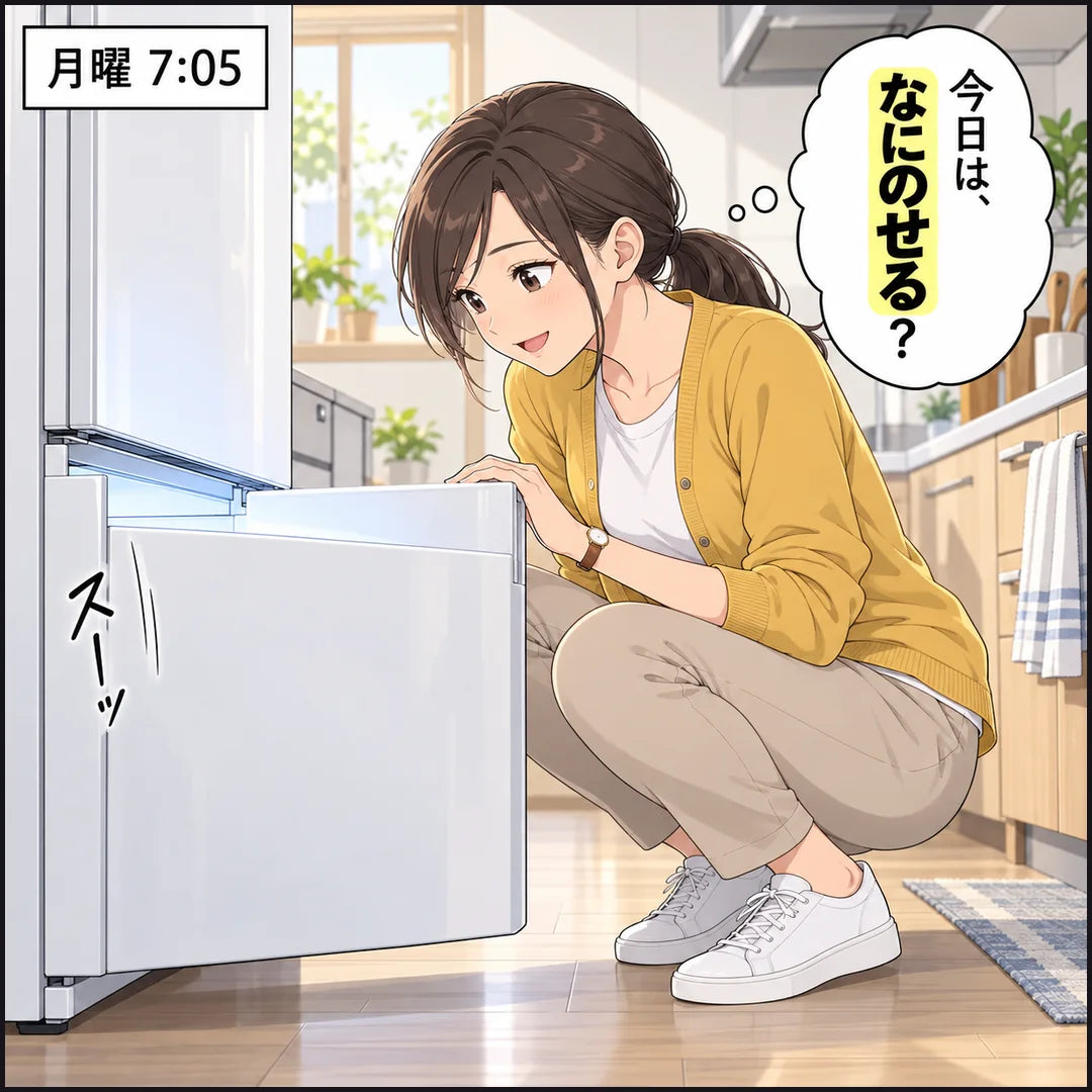 月曜の朝7時5分、七海が冷凍室の引き出しを開けて、今日は何をのせようかと考える
