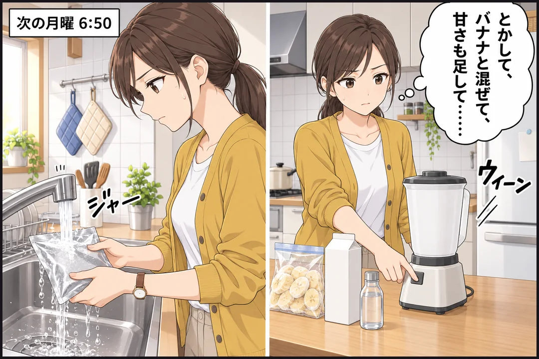 次の月曜の朝6時50分、七海が冷凍パックを流水でとかし、バナナや甘みと一緒にミキサーにかける