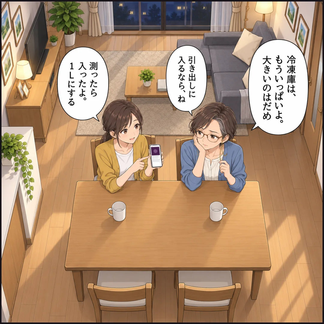 夜のダイニング。京子が、冷凍庫はいっぱいで大きいのはだめ、引き出しに入るならいいと言う。七海は測ったら入ったので1Lにすると答える