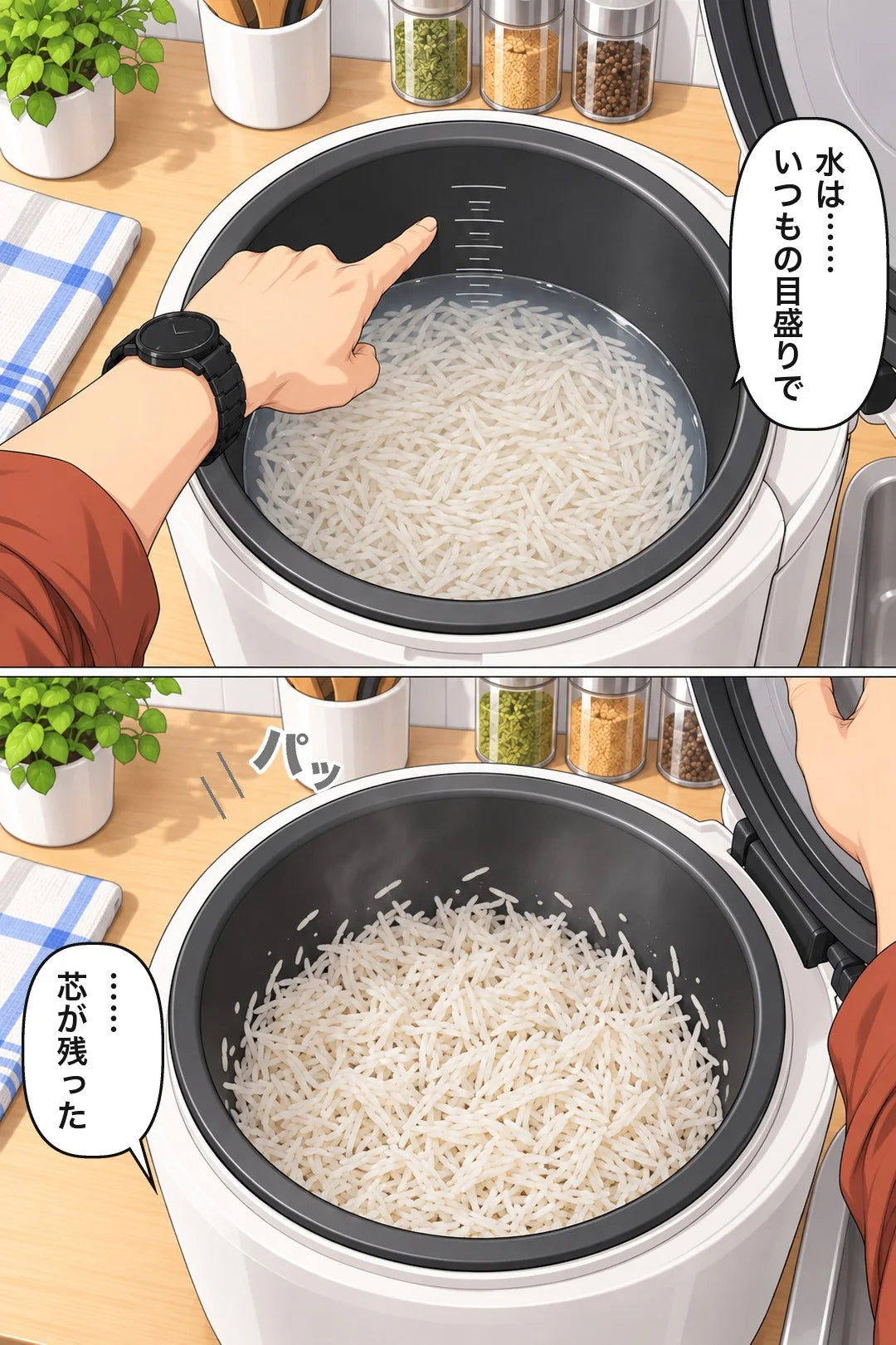 細長いお米を炊飯器の目盛りどおりに炊くと、芯が残ってぼそぼそになる