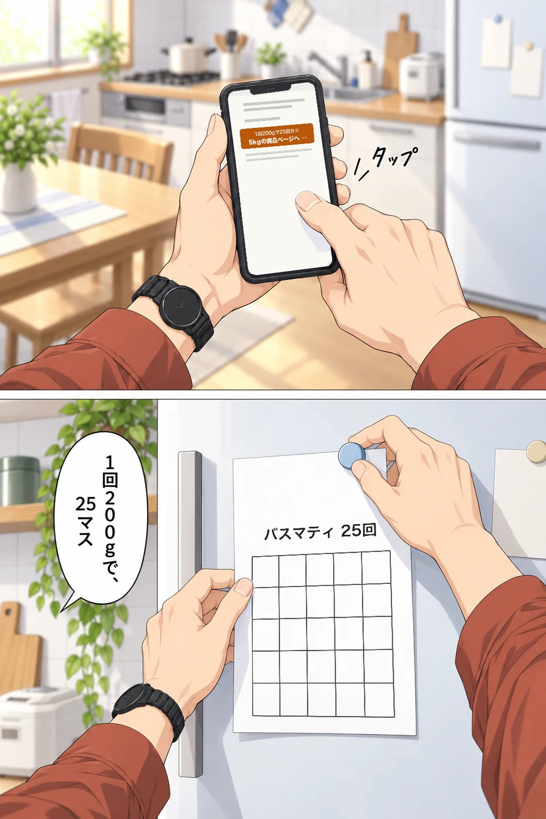 大地がスマホでボタンを押し、実家の冷蔵庫に25マスの献立シートを貼る