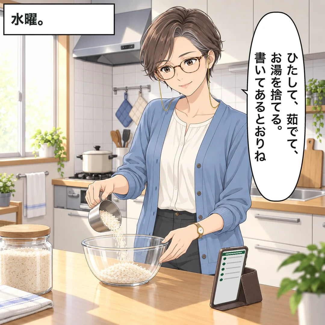 水曜。水曜の朝、京子がひとりでスマホの作り方のページを見ながら米をはかる