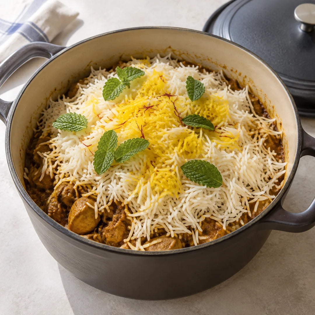 カレーの鍋に茹でた米を重ねたところ（※イメージ）