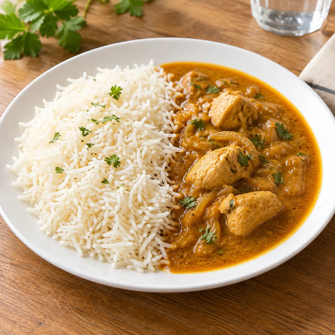 白い丸皿に盛ったバスマティと、さらっとしたチキンカレー（※イメージ）
