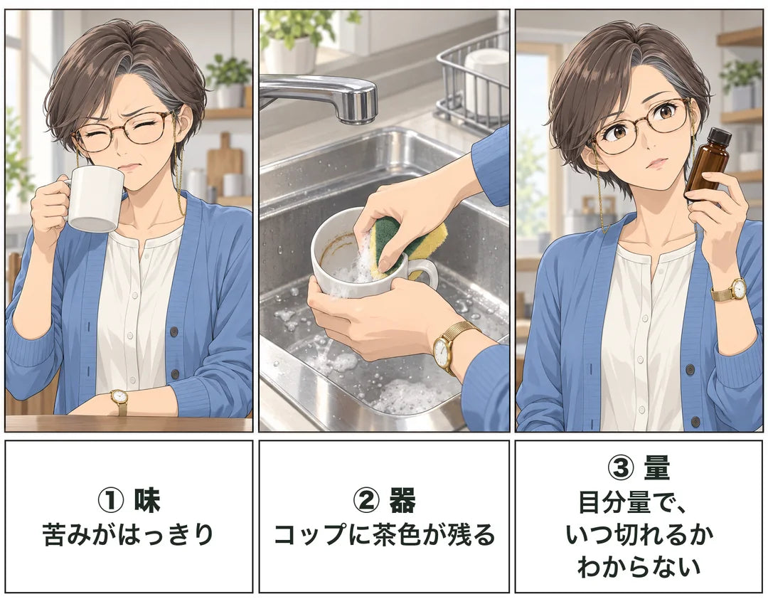 3つの壁。①味 苦みがはっきり（目をつぶって顔をしかめる京子）。②器 コップに茶色が残る（茶色い輪の残ったマグを洗う手）。③量 目分量で、いつ切れるかわからない（小瓶を見つめる京子）