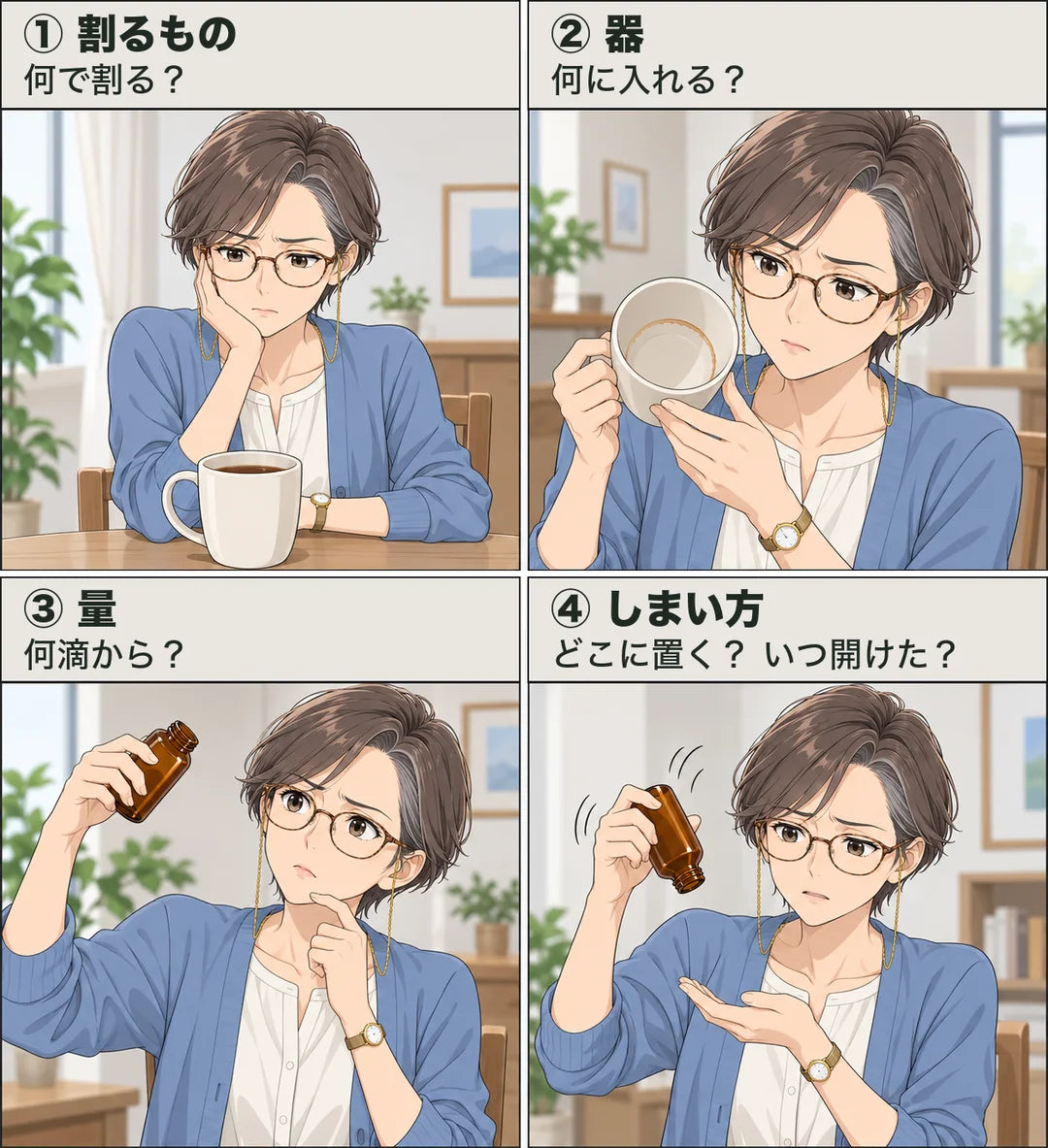 決めておきたい4つのこと。①割るもの 何で割る？ ②器 何に入れる？ ③量 何滴から？ ④しまい方 どこに置く？ いつ開けた？（それぞれに困った顔の京子）