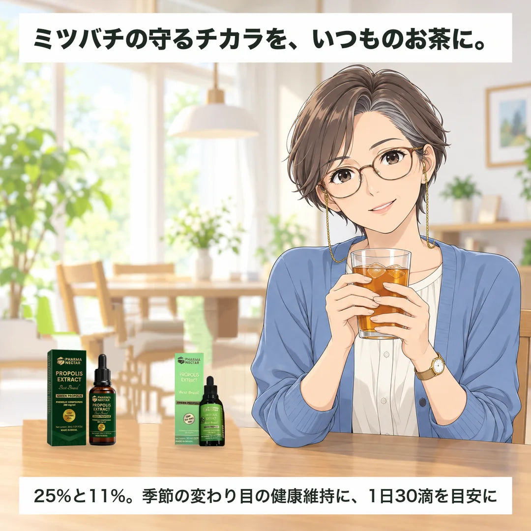 帯「25%と11%。季節の変わり目の健康維持に、1日30滴を目安に」。冷たいお茶のグラスを両手で持つ京子と、25%と11%の箱と瓶