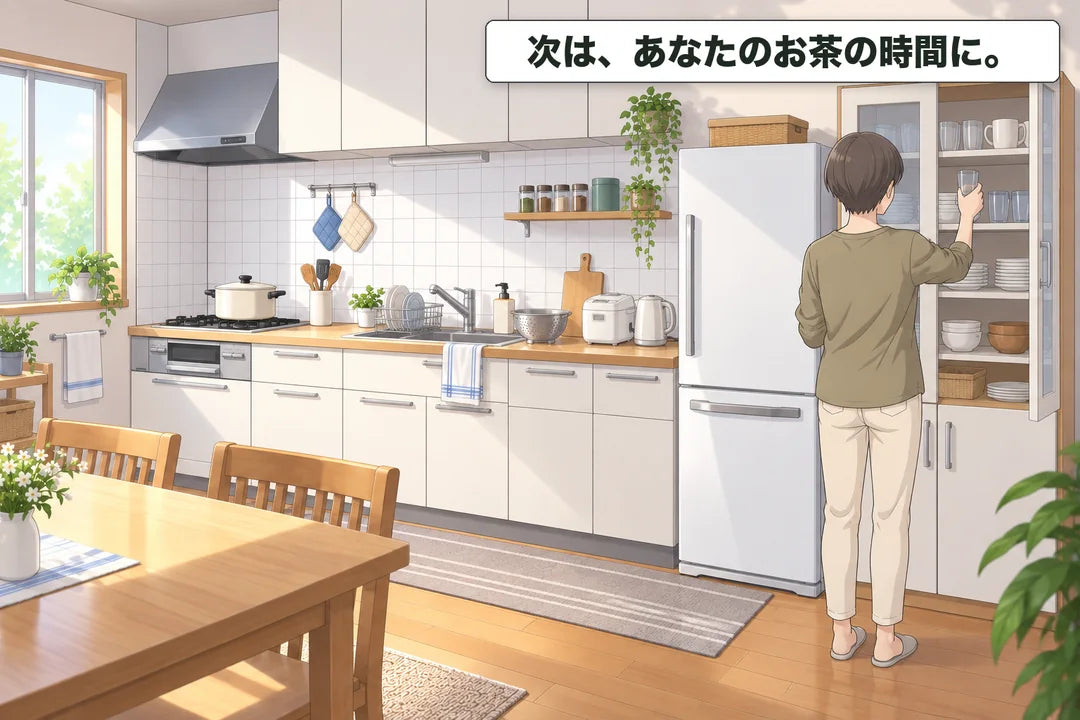 キッチンの食器棚からガラスのコップを手に取る人の後ろ姿