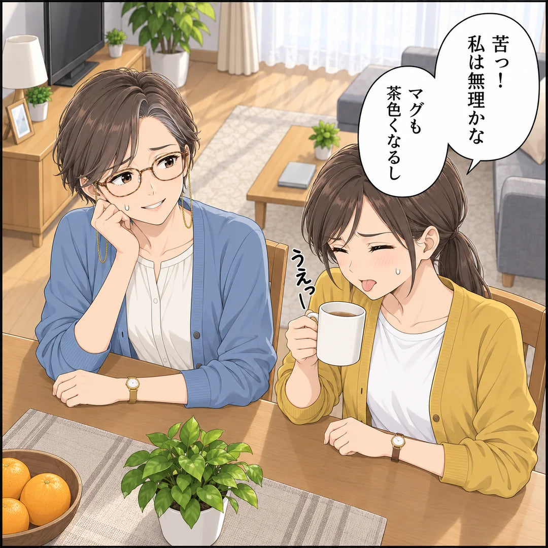 娘がひと口飲んで「苦っ、私は無理かな、マグも茶色くなるし」と言う
