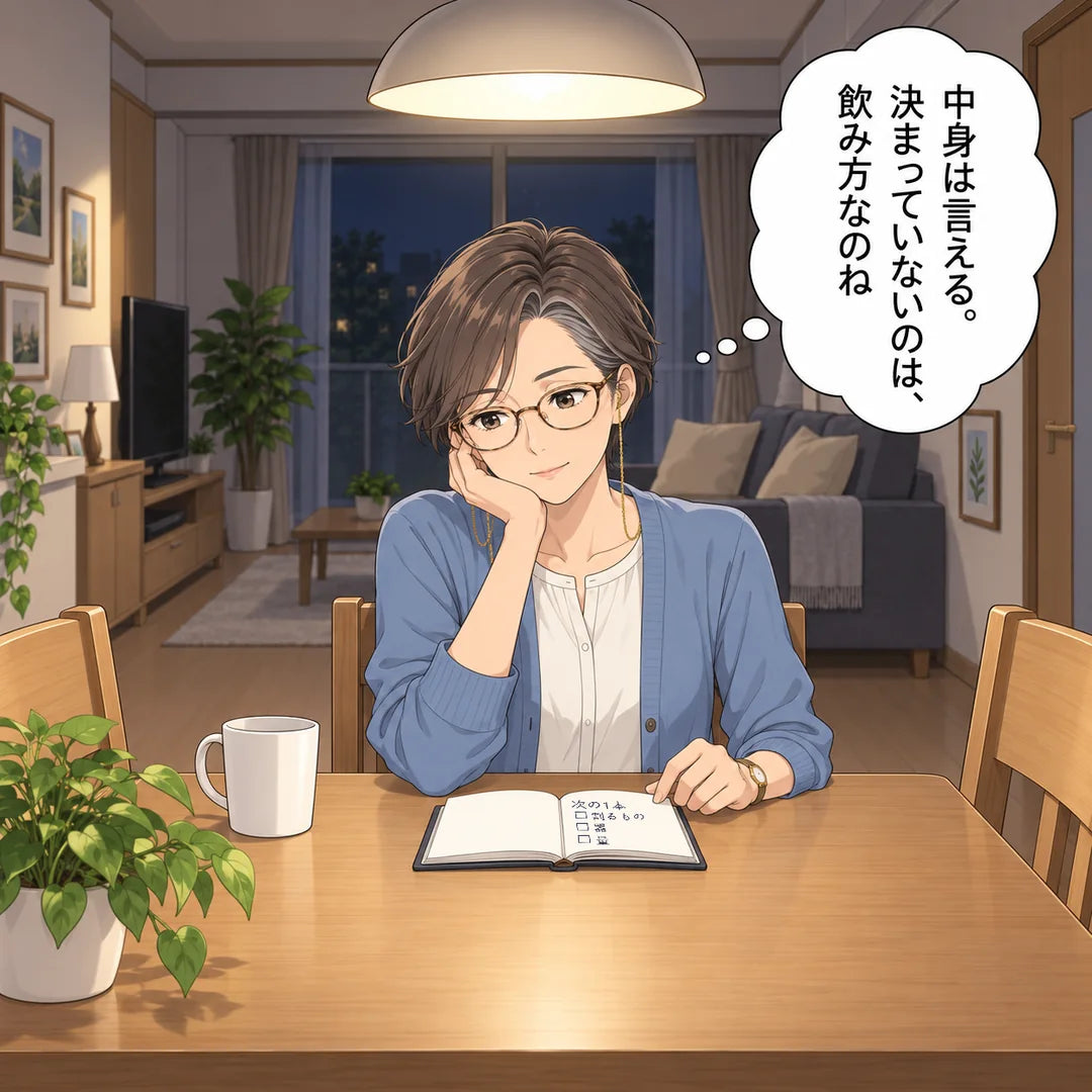夜、ひとりの京子。中身は言えるが、決まっていないのは飲み方だと気づく