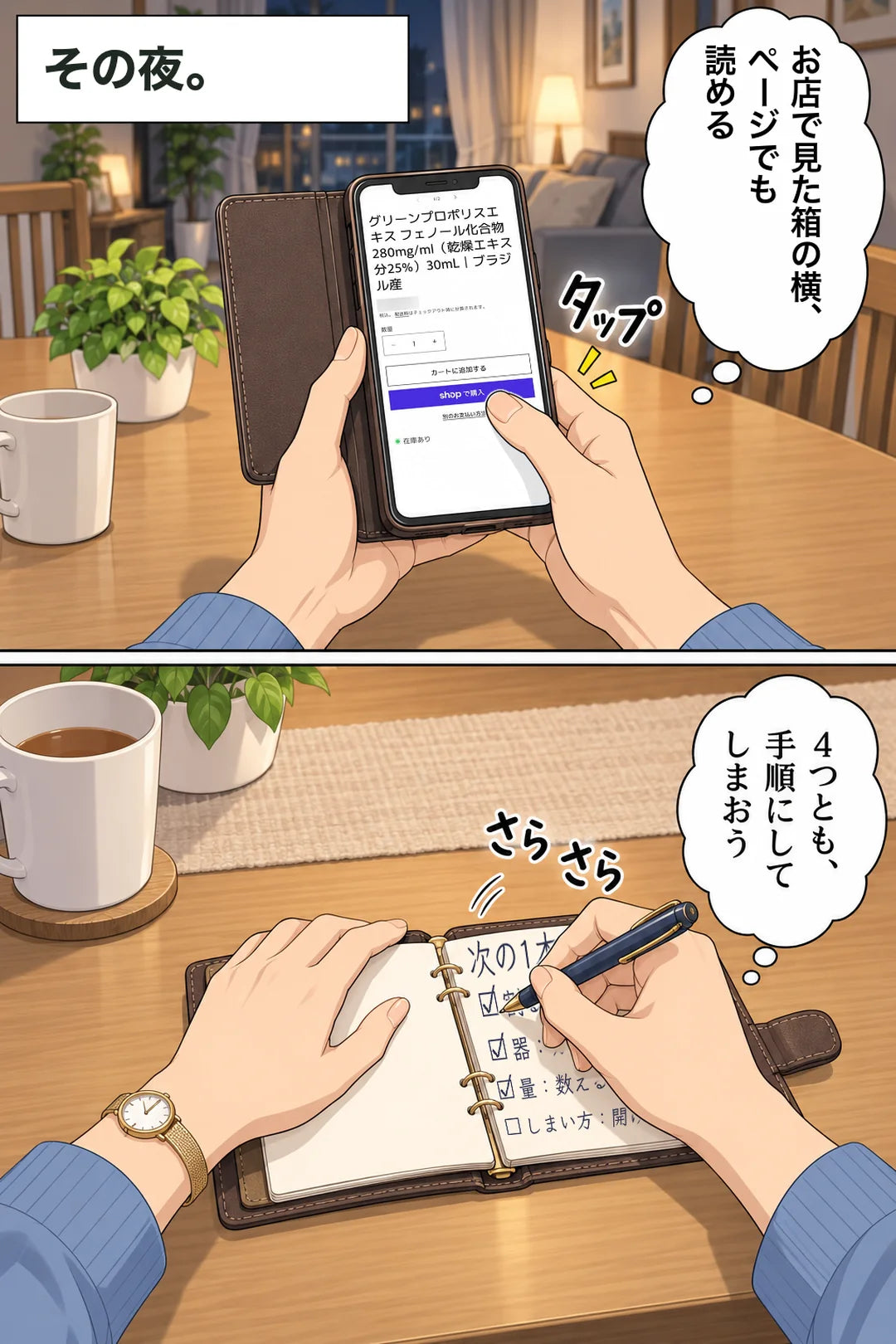 その夜、京子が商品ページのボタンを押す。手帳のメモに4つ目の「しまい方」を書き足す