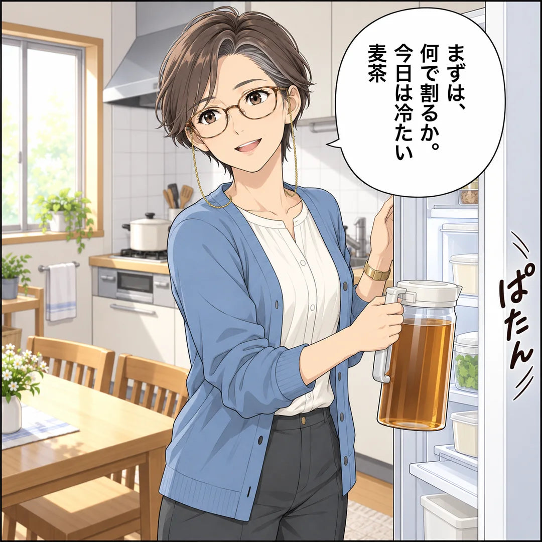 京子が冷蔵庫から麦茶を出す。まずは何で割るか