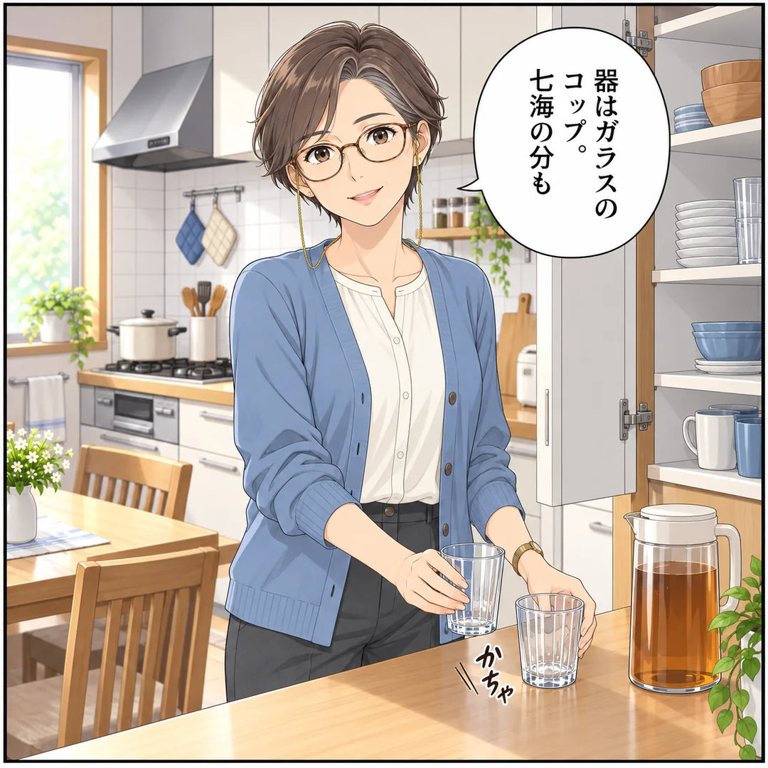 食器棚からガラスのコップを2つ出す。器はガラスのコップ、娘の分も