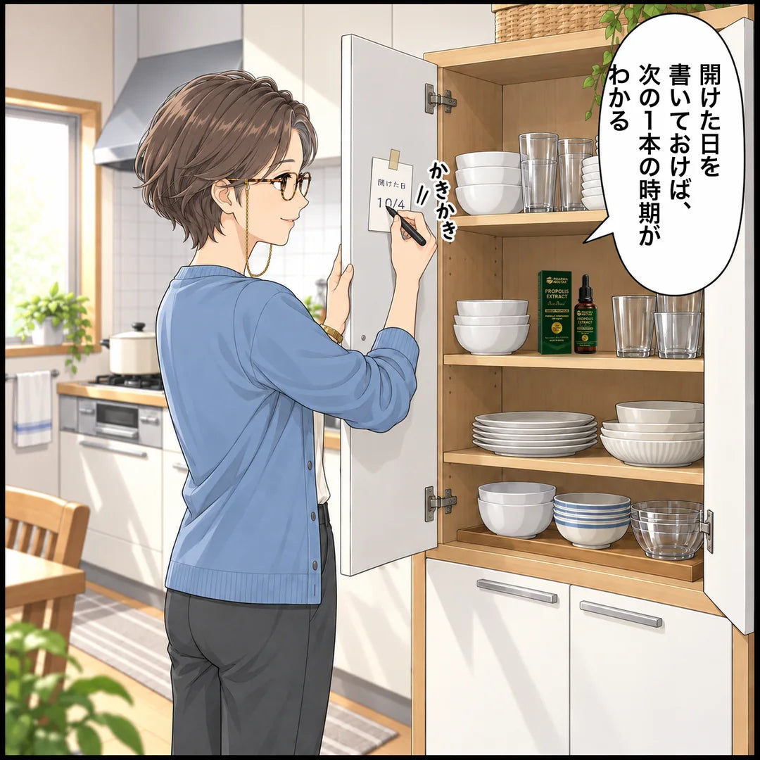 箱を棚に戻し、扉のカードに開けた日を書く。これで次の1本の時期がわかる