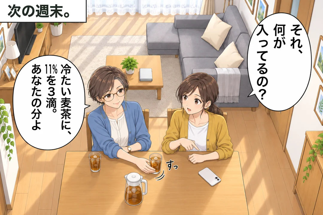 次の週末、同じ俯瞰のダイニング。娘の「それ、何が入ってるの？」に、母は冷たい麦茶に11%を3滴、あなたの分よと答える