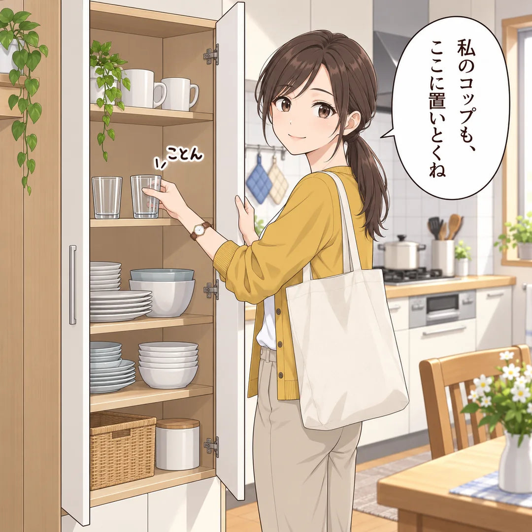 娘が自分のガラスのコップを、母のコップの隣に並べる