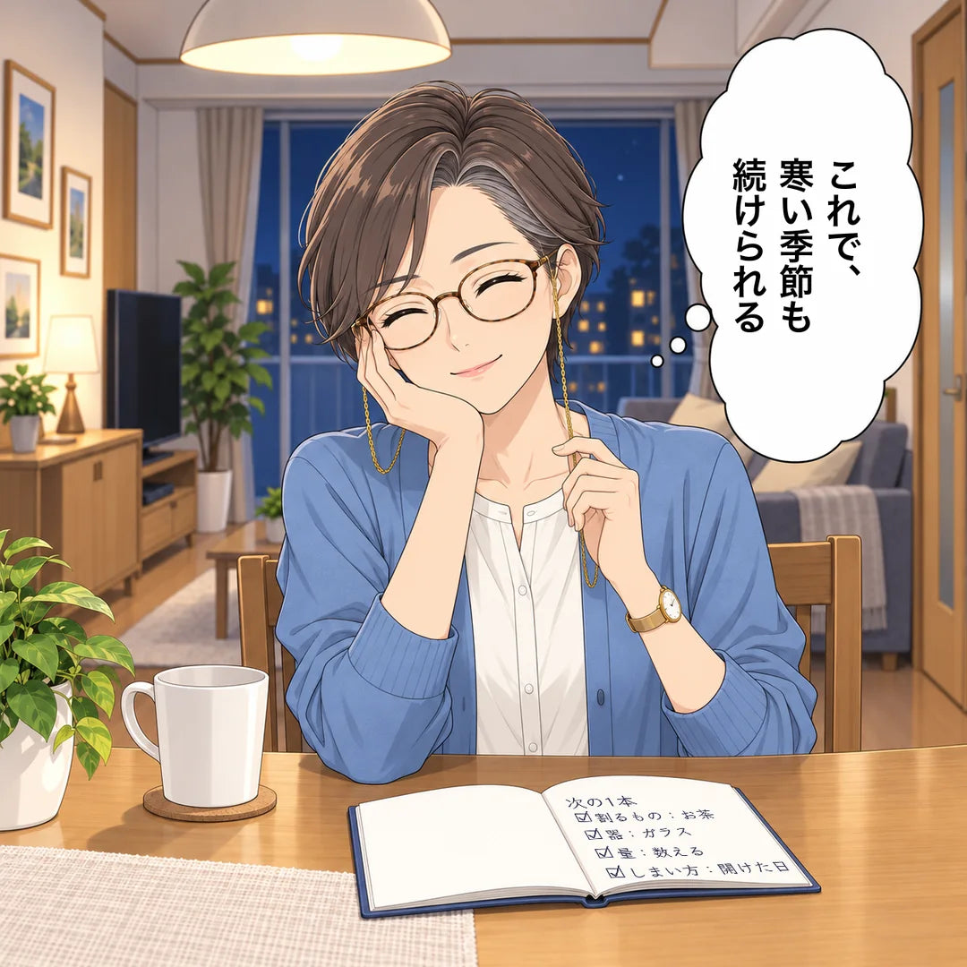夜の窓辺で、京子が笑顔で頬杖。これで、寒い季節も続けられる。手帳のメモは4つとも☑