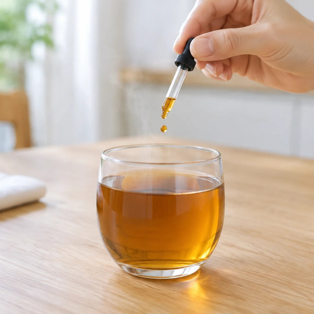 ガラスのコップのお茶にスポイトで1滴落とす手元（イメージ）