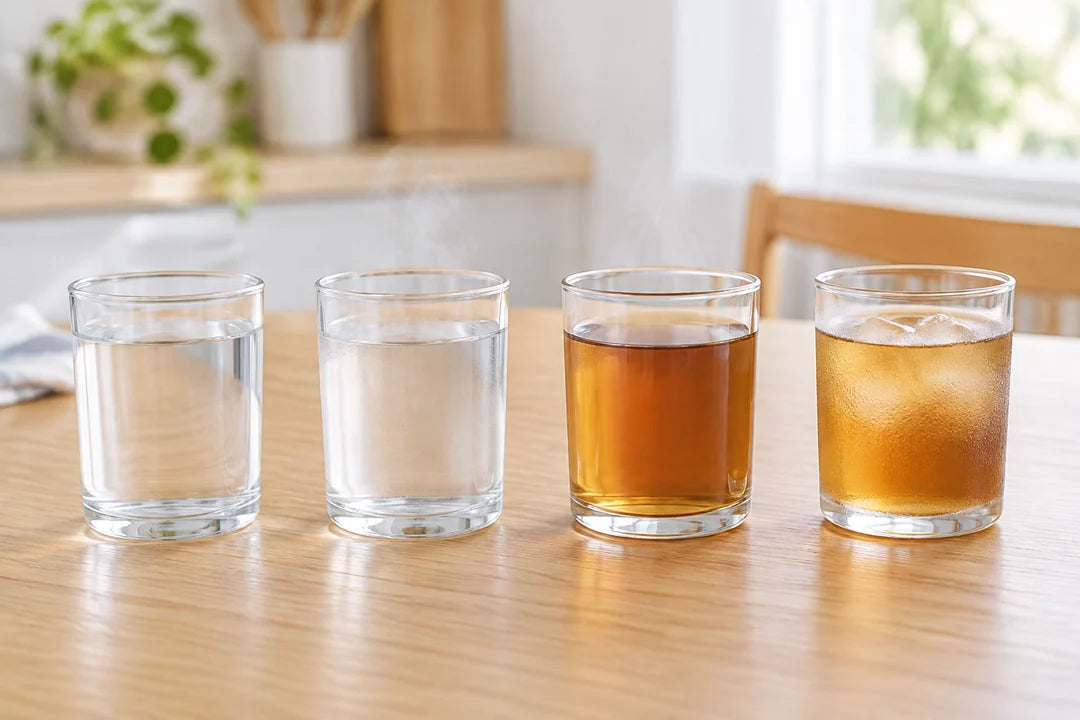 同じガラスのコップに入れた水・白湯・温かいほうじ茶・冷たい麦茶の4杯（イメージ）